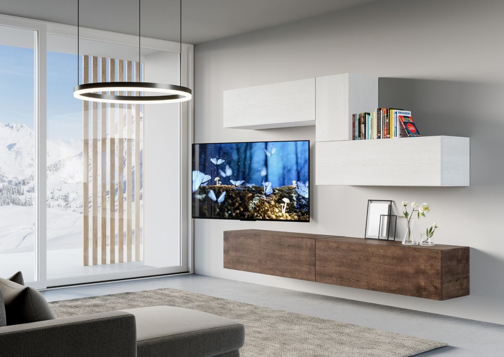 Deanna - Parete moderna componibile pensili sospesi bianco e noce - immagine 2