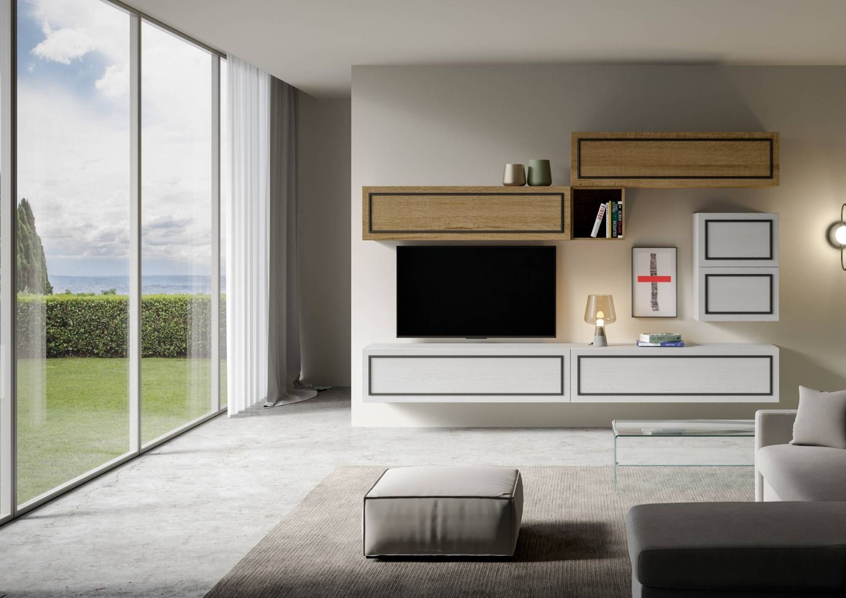 Ascanio Evo - Parete sospesa soggiorno moderno pensili in legno bianco e quercia - immagine 2