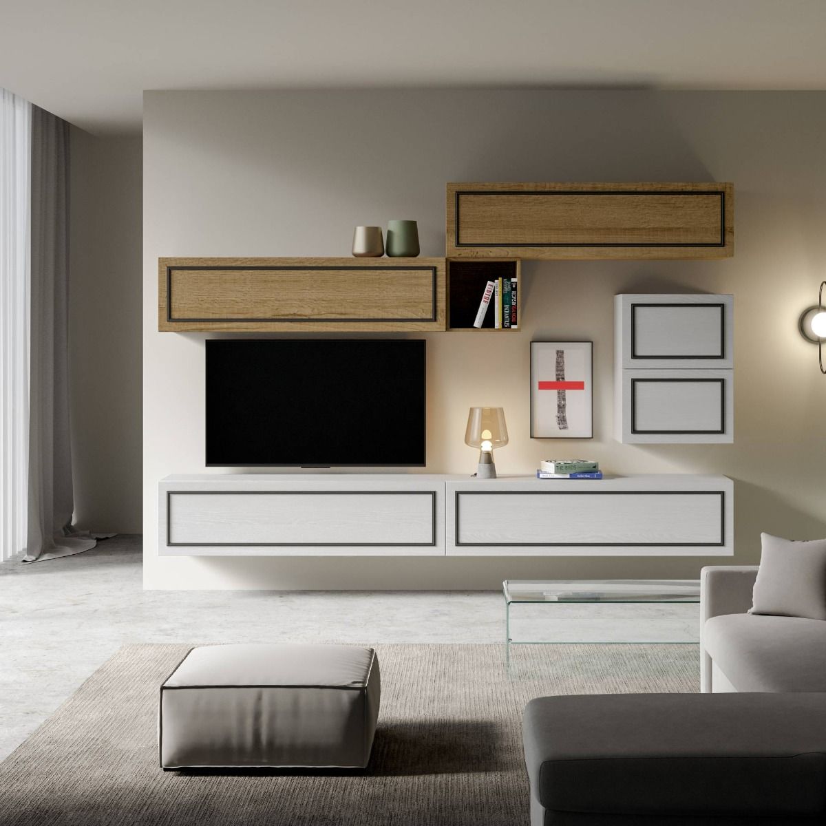 Ascanio Evo - Parete sospesa soggiorno moderno pensili in legno bianco e quercia