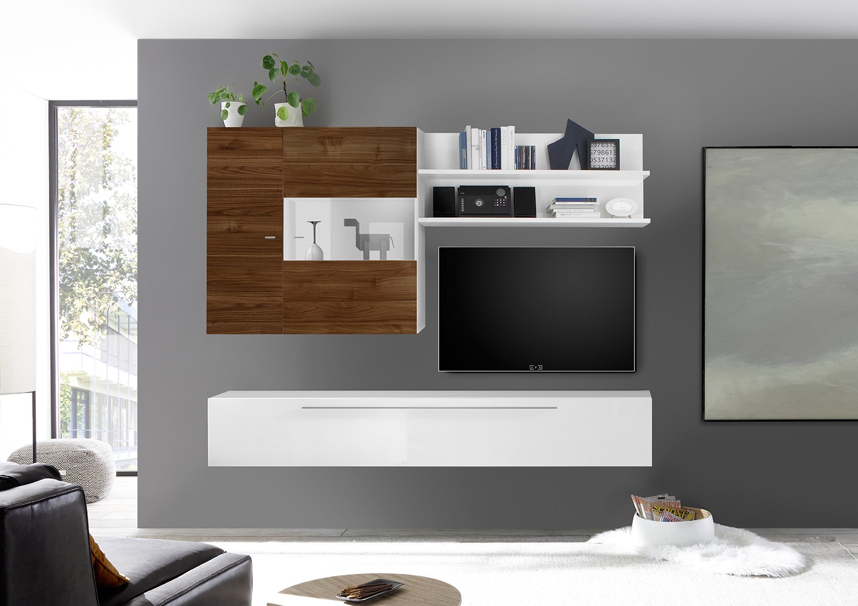 Fiesta - Parete attrezzata sospesa moderna con pensili sospesi e vetrina - vari colori - immagine 2