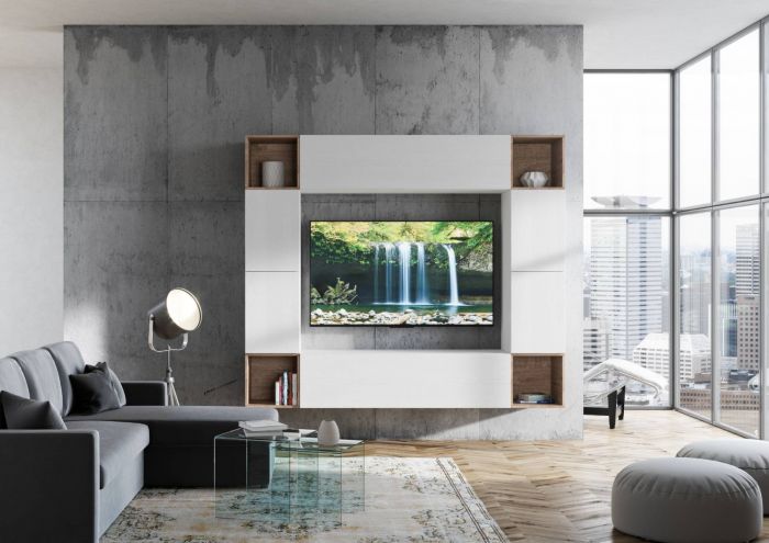 Florinda - Parete componibile moderna pensili e vani a giorno bianco e noce - immagine 2