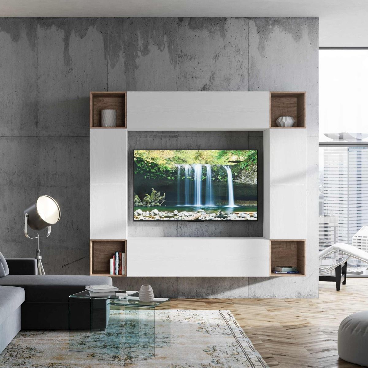 Florinda - Parete componibile moderna pensili e vani a giorno bianco e noce