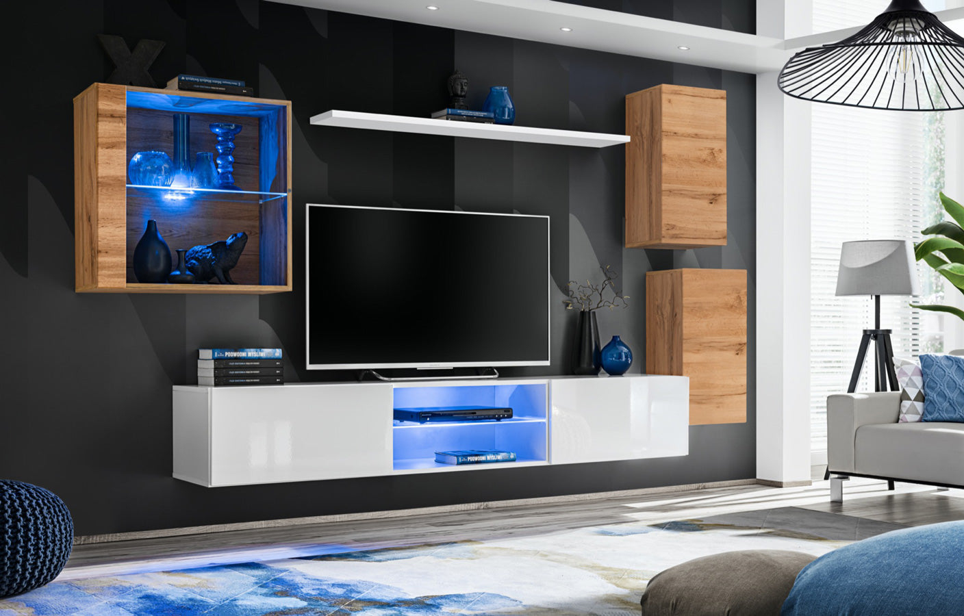 Bonaria - Soggiorno a parete pensili porta tv e vetrinetta - vari colori