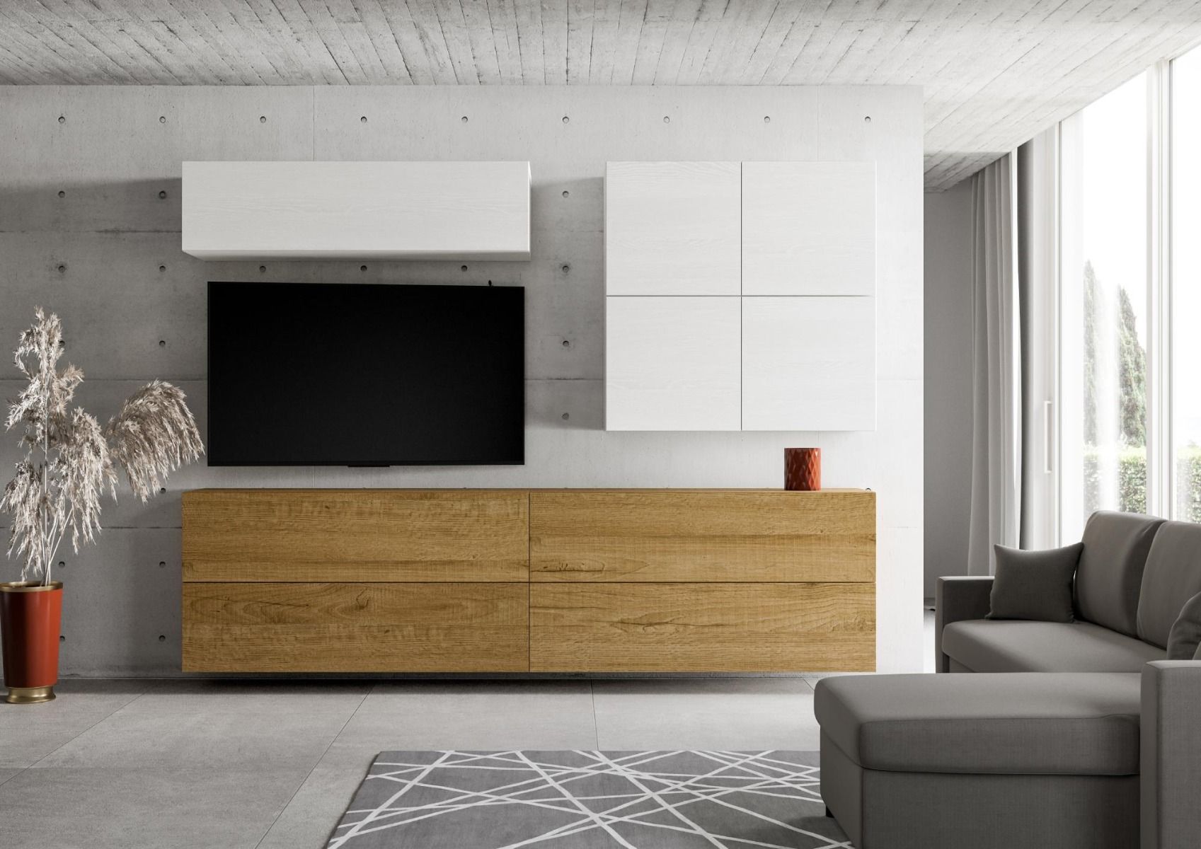 Crisantide - Parete componibile moderna in legno bianco e quercia - immagine 2