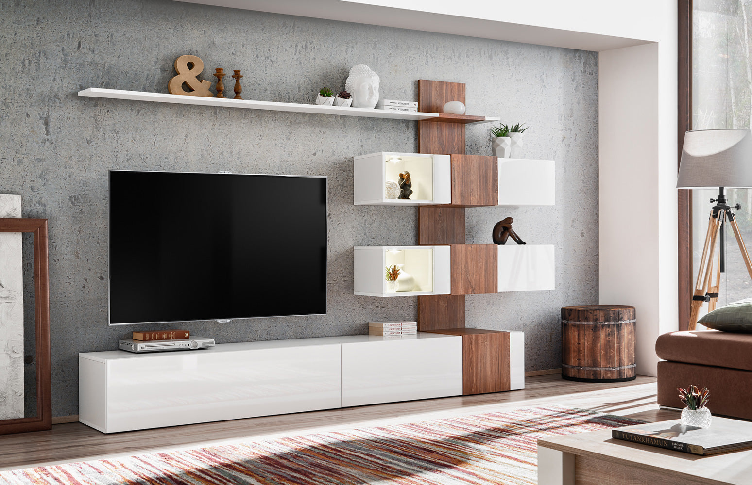Azzara - Parete living moderna con mobile tv e pensili sospesi bianco lucido e noce