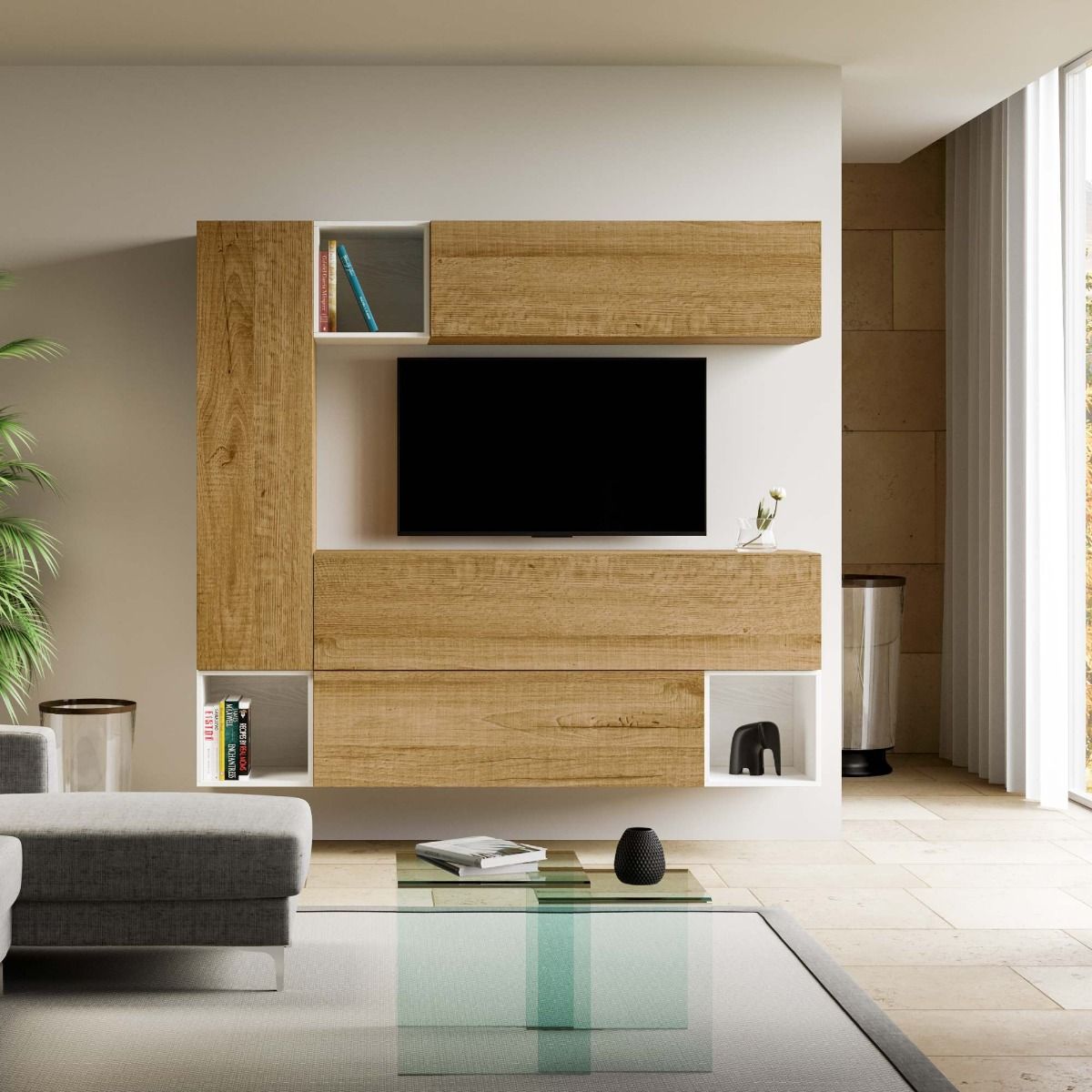 Estefan - Parete soggiorno design pensili e vani in legno quercia e bianco