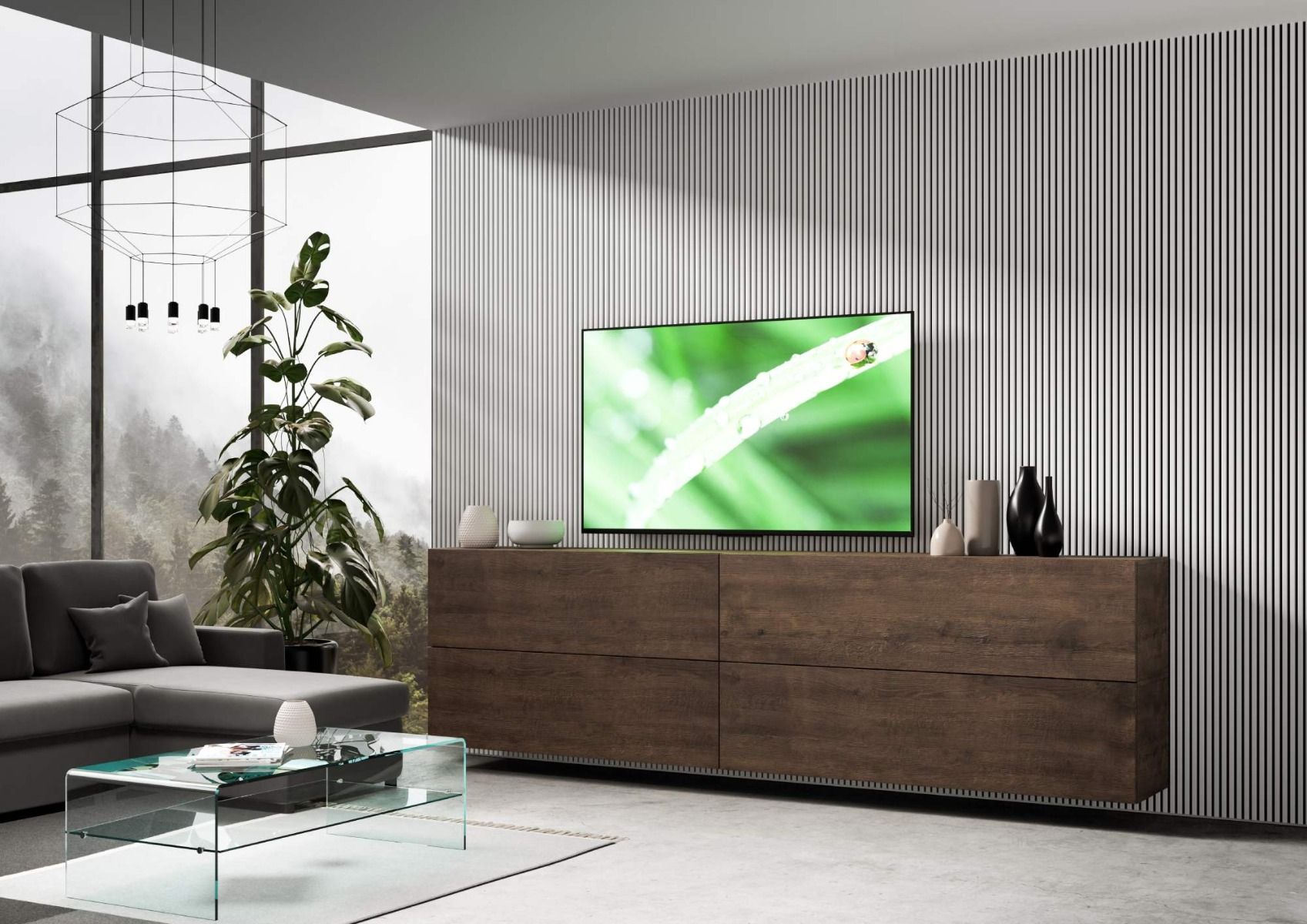 Elcira - Parete soggiorno design con pensili in legno colore noce - immagine 2