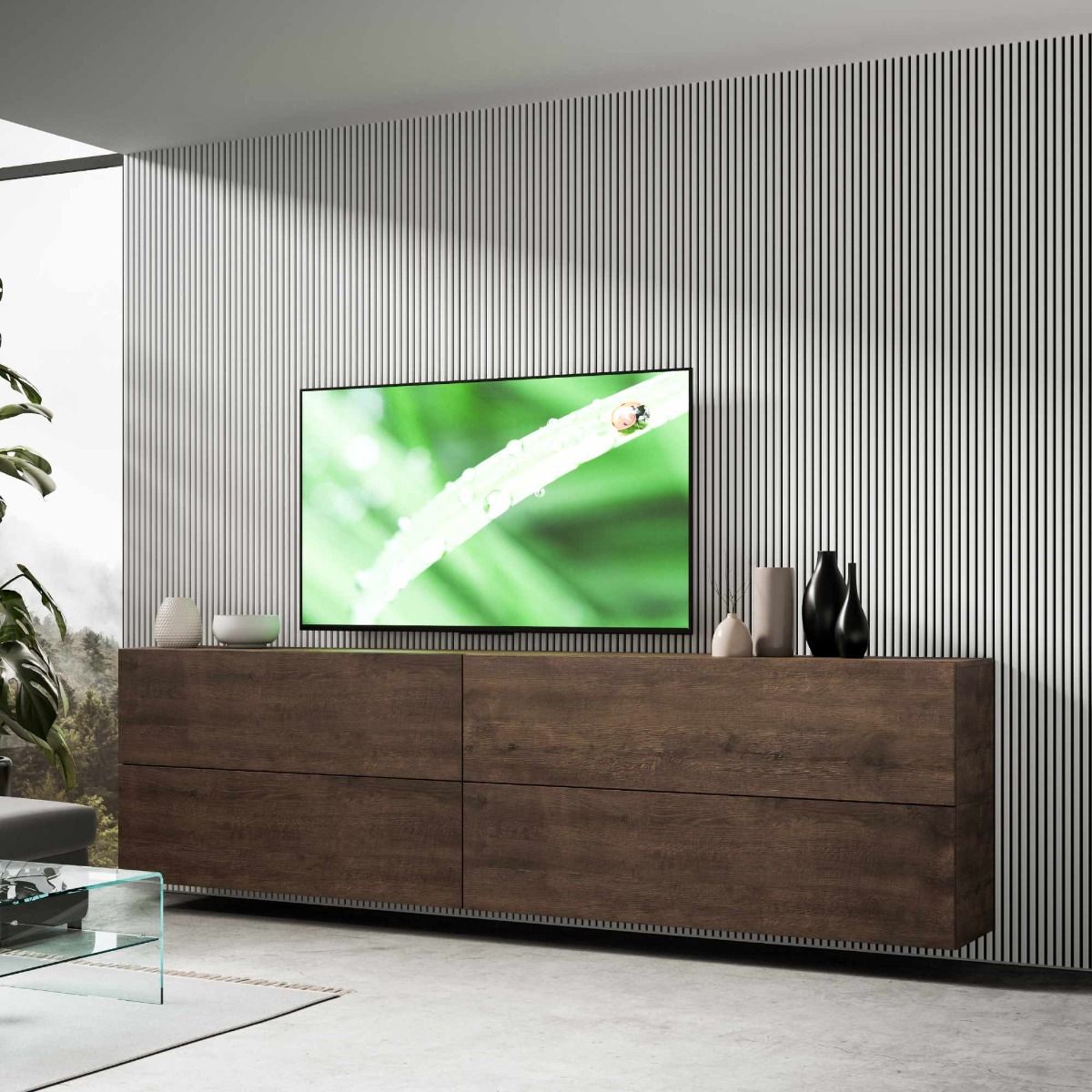 Elcira - Parete soggiorno design con pensili in legno colore noce