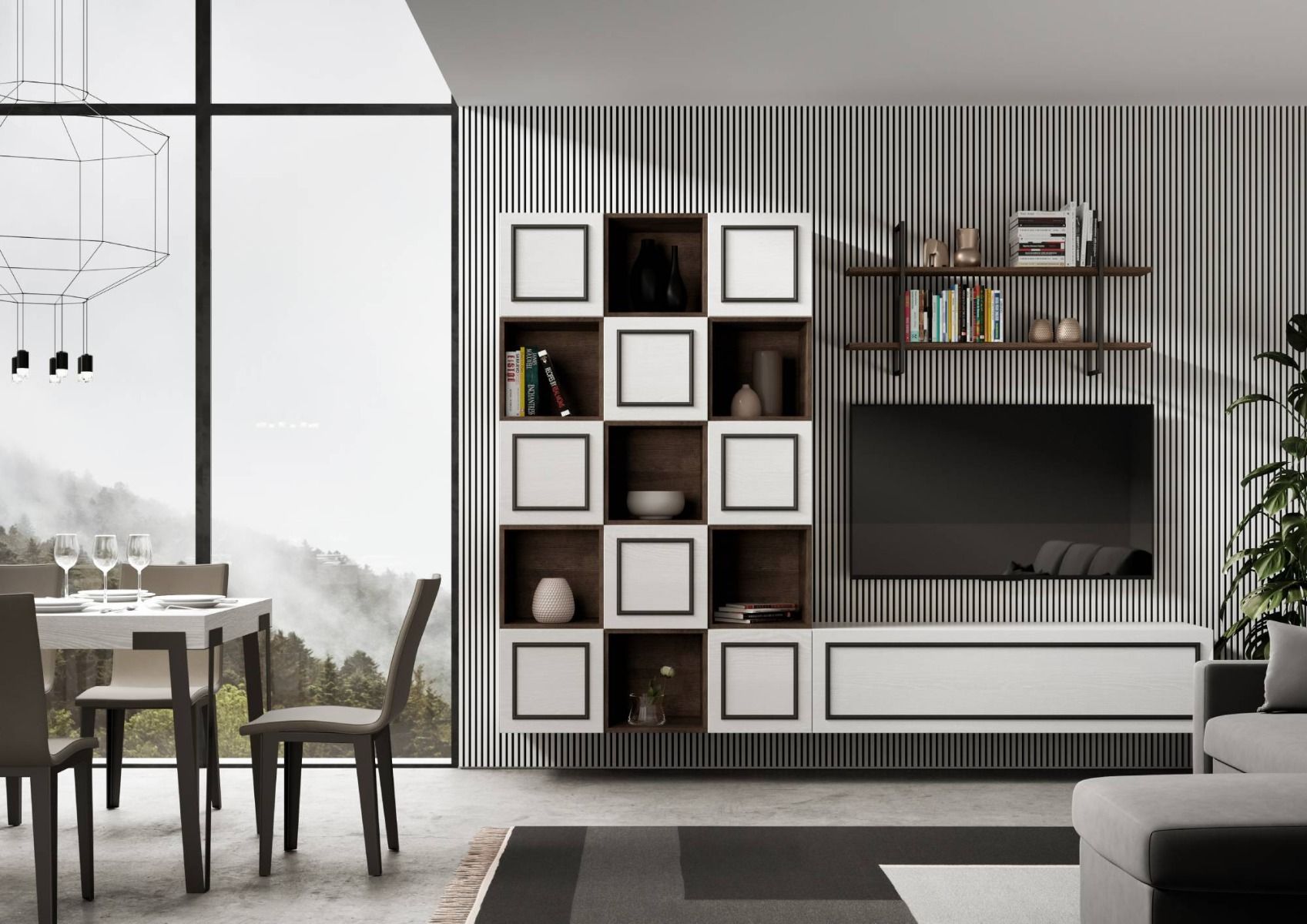 Nettuno Evo - Soggiorno a parete componibile in legno bianco e noce - immagine 2