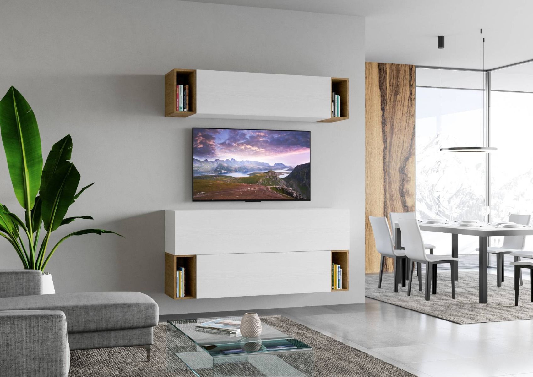 Radames - Parete zona giorno in legno pensili bianco e vani colore quercia - immagine 2