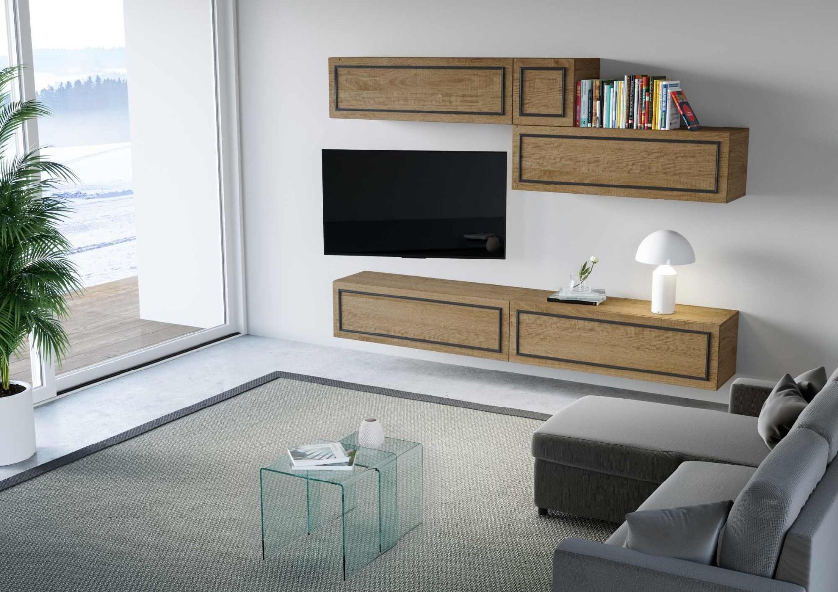 Gaston Evo - Parete attrezzata sospesa in legno colore quercia cornici antracite - immagine 2