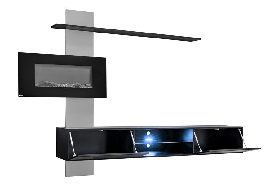 Zago - Parete da soggiorno sospesa con caminetto elettrico e porta tv colore nero - immagine 2