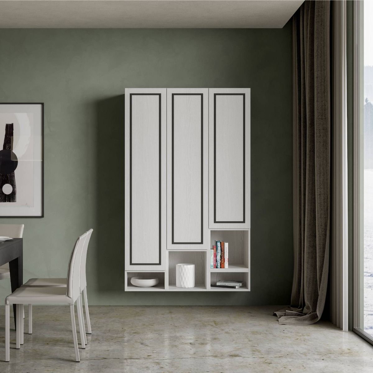 Stefy Evo - Parete per soggiorno o ingresso pensili e vani bianco e antracite