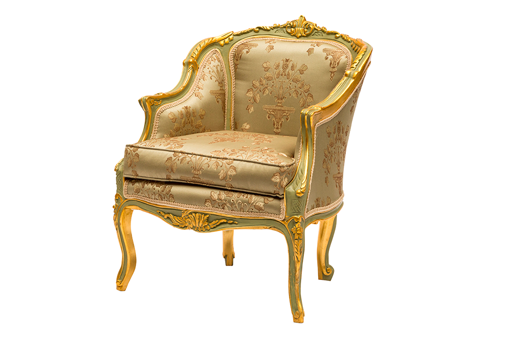 Poltrona divano stile classico in tessuto ricamato a filo colore verde cm 66x66x83h