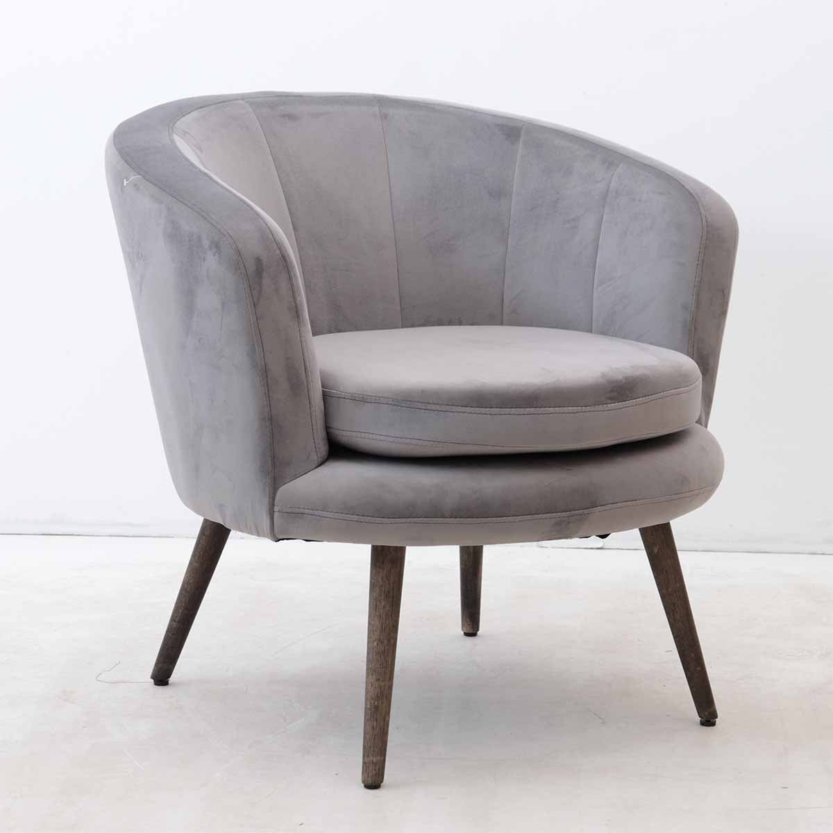 Poltrona design rotonda in velluto grigio gambe in legno cm 77x79x76h