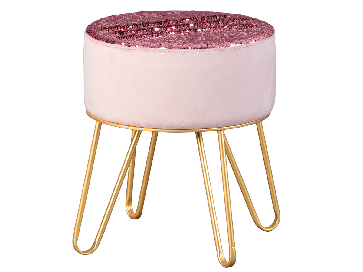 Colin - Pouf sgabello tondo in metallo dorato rivestito in velluto con paillettes cm 32x32x38h