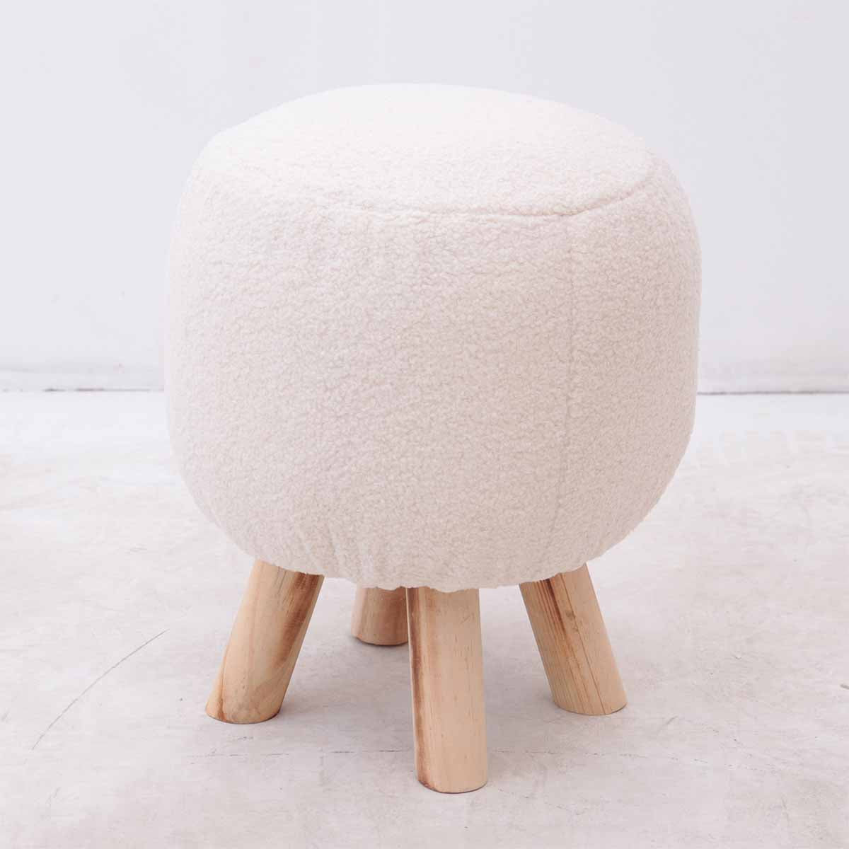 Pouf rotondo imbottito e rivestito in tessuto panna piedi in legno cm 35x35x43h