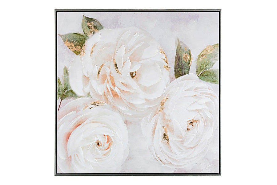 Dipinto con rose su tela design moderno struttura in legno e cornice nera cm 72x4x72h