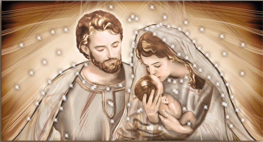 Quadro da parete design moderno Famiglia Santa stampa su tela in cotone con cristalli