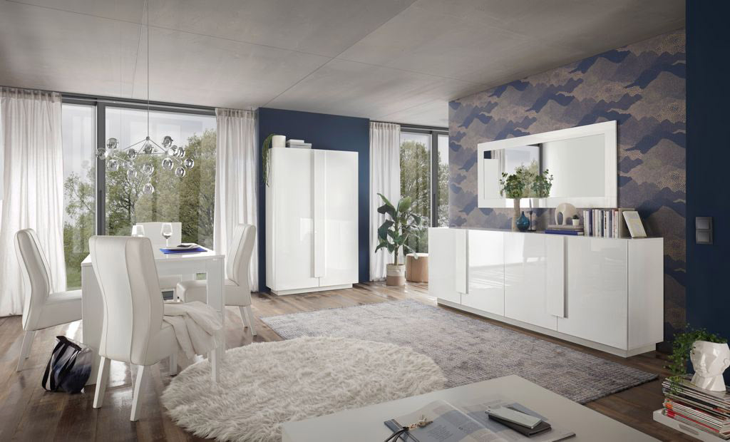 Boras - Soggiorno moderno con tavolo madie in legno bianco lucido