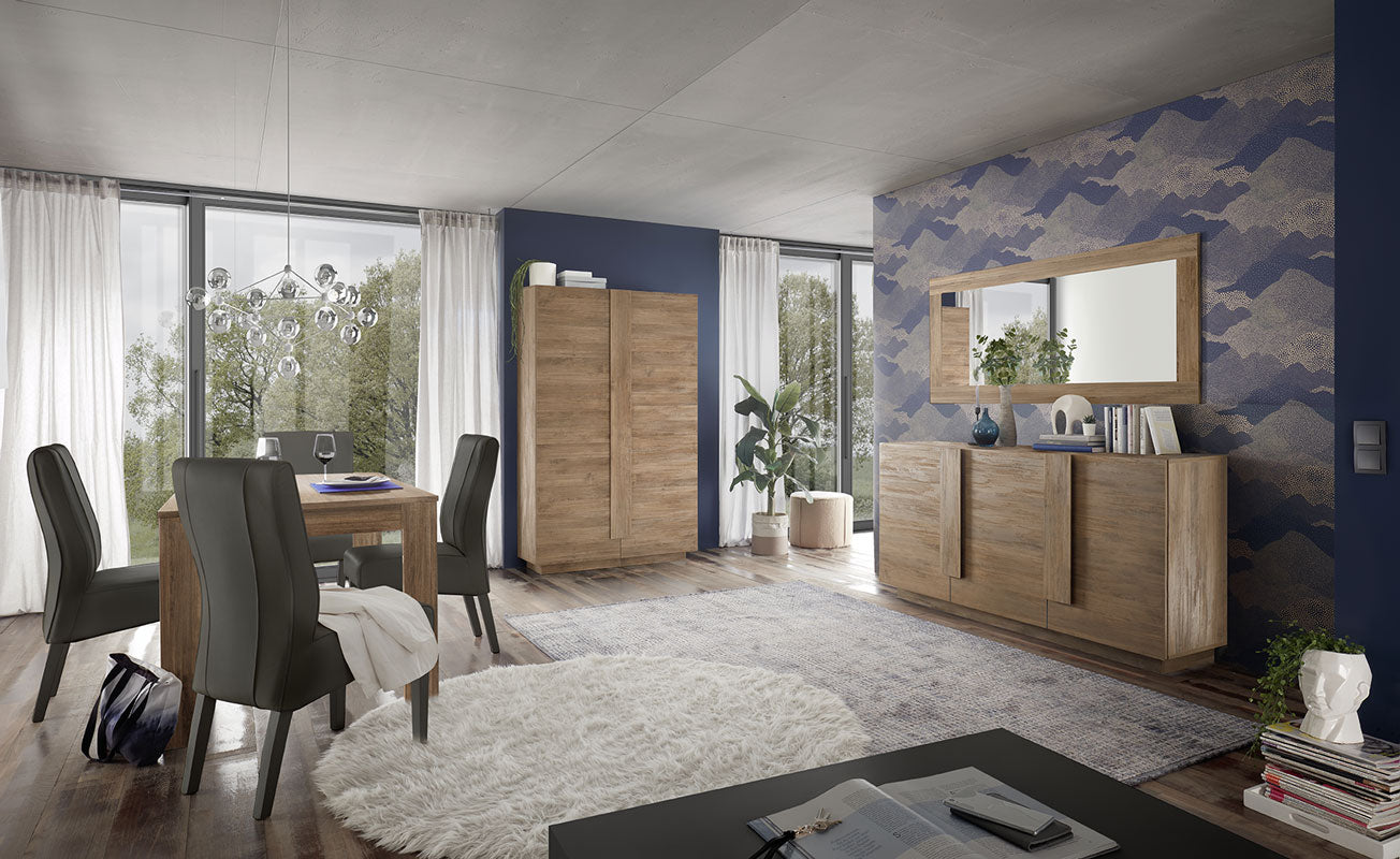 Monterrey - Soggiorno moderno completo con tavolo madia 3 ante e mobile alto