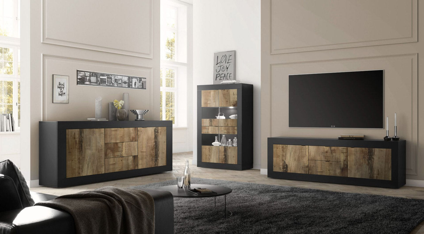 Elasir - Mobile alto porta tv da soggiorno in legno colore nero e pero cm 210x43x66h - immagine 2