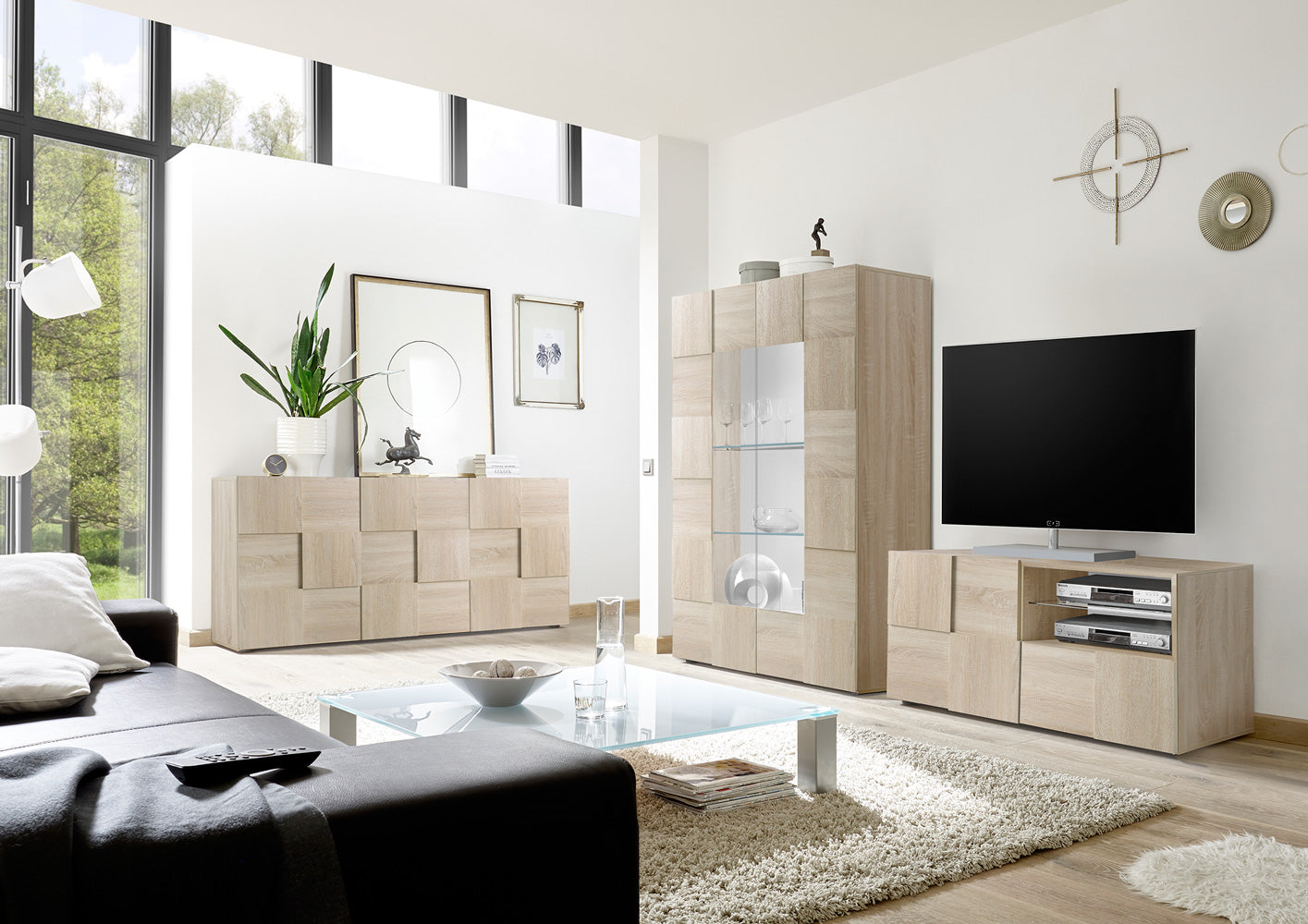 Elgin - Salotto completo con porta tv vetrina e madia finitura rovere