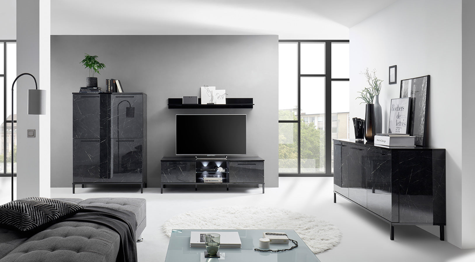 Baltimora - Salotto completo moderno mobile tv madia e credenza effetto marmo nero lucido