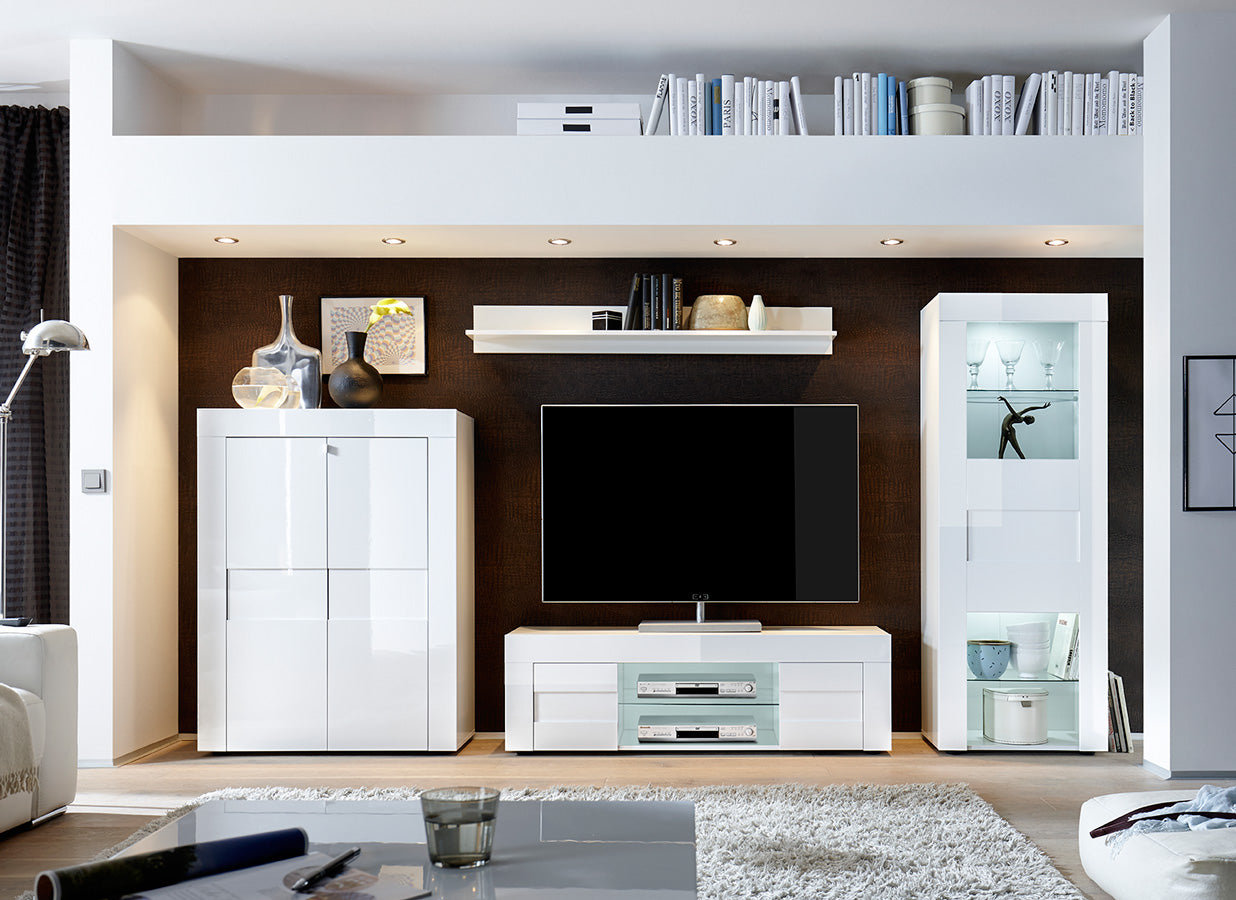 Tolosa - Soggiorno a parete moderno set mobili con porta tv vetrina e madia - vari colori - immagine 2