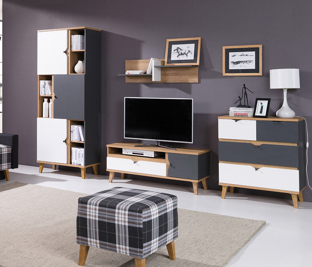 Sparta - Salotto moderno completo con mobile tv mensola credenza alta e cassettiera - vari colori