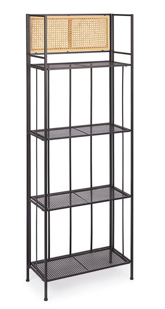 Scaffale stile industriale in acciaio colore nero inserti in rattan cm 61x28x161h
