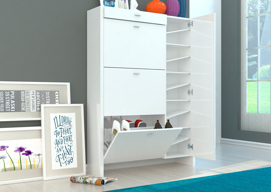 Arizona - Scarpiera moderna in legno bianco lucido con 4 ante e 1 cassetto cm 101x24x138h - immagine 2