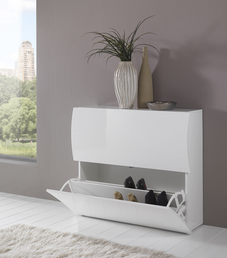 Galadriel - Mobile scarpiera in legno bianco lucido 2 ante a ribalte sagomate cm 101x26x81h - immagine 2