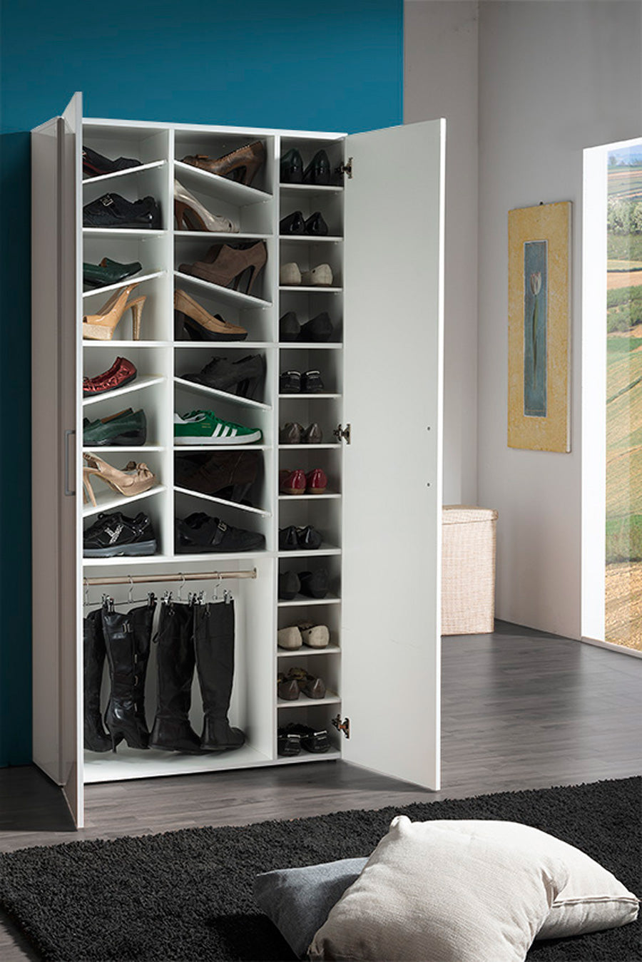 Zaleola - Scarpiera design moderno in legno colore bianco lucido 2 ante cm 91x33x190h - immagine 2