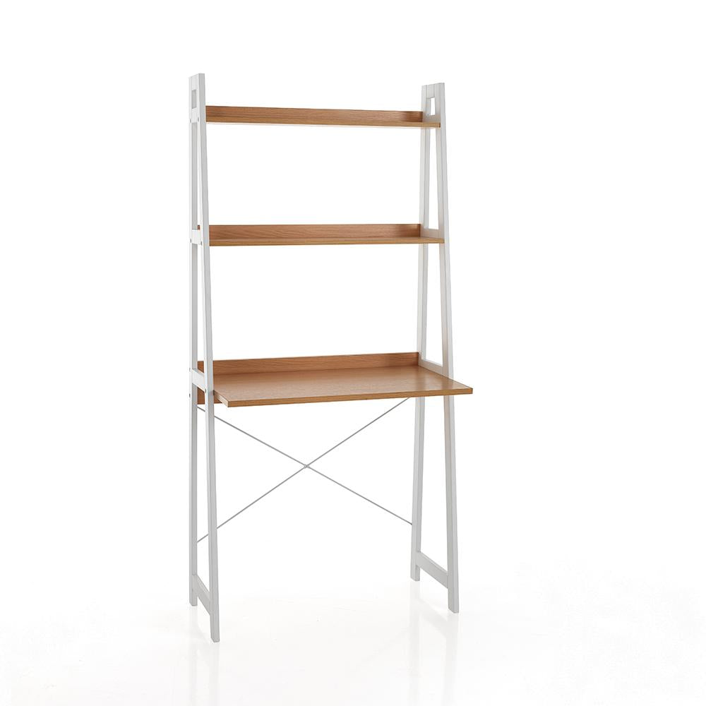 Scrivania moderna con ripiani e scrittoio in legno colore bianco e rovere cm 80x45x170h