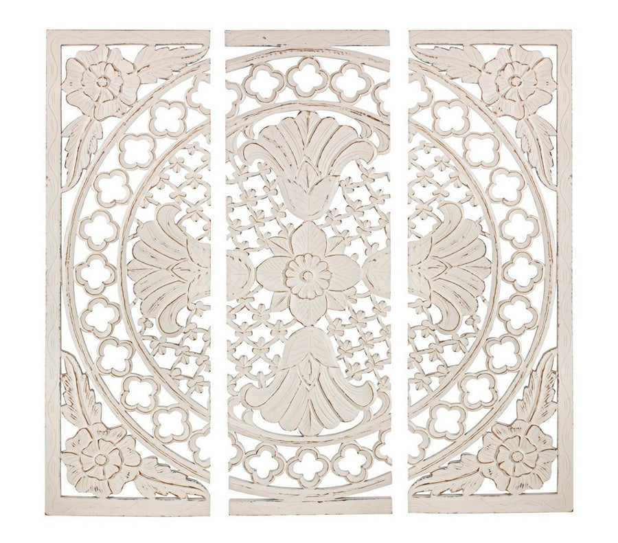 Set 3 pannelli decorativi da parete in legno colore bianco anticato design classico cm 120x1x120h