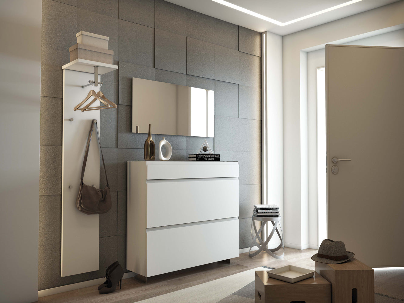 Set da ingresso moderno con mobile specchio e appendiabiti - vari colori