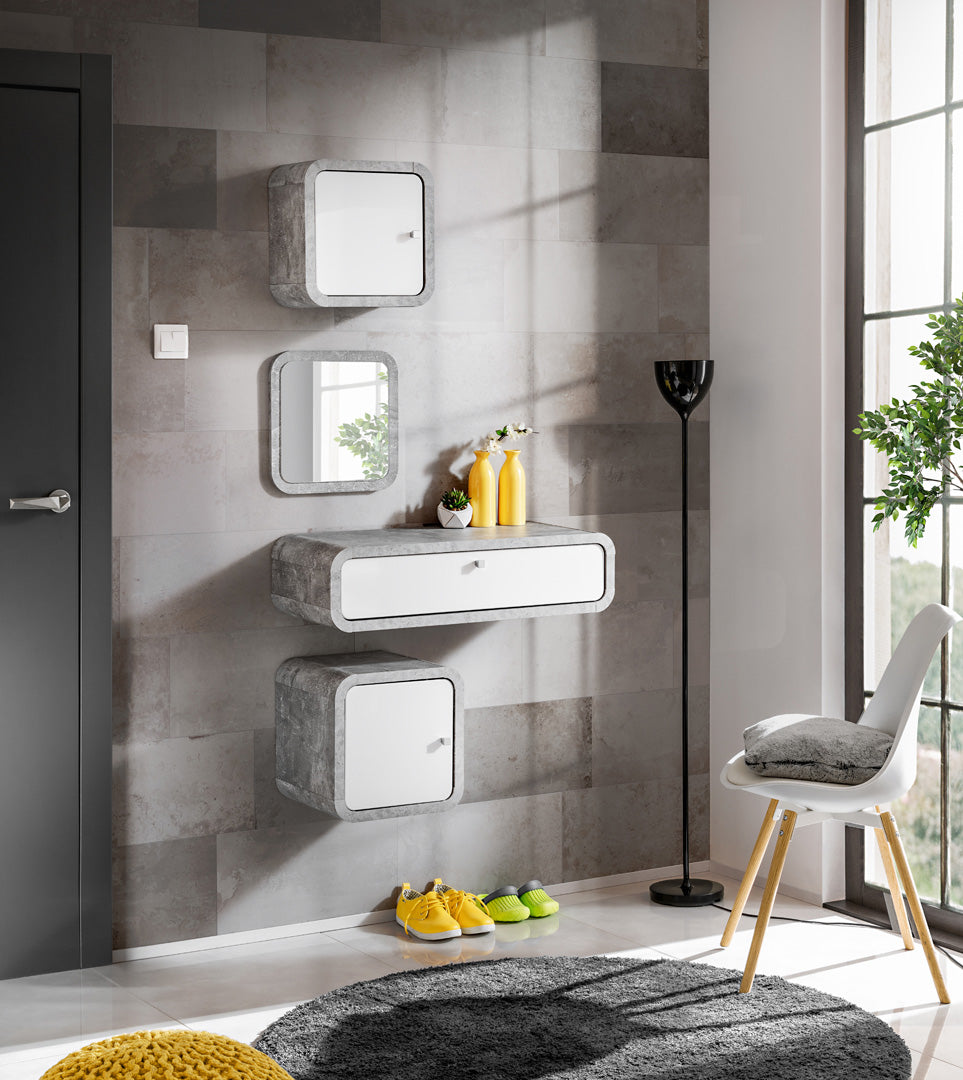 Merin - Set da ingresso design moderno con pensili sospesi bianco e cemento cm 80x32x155h