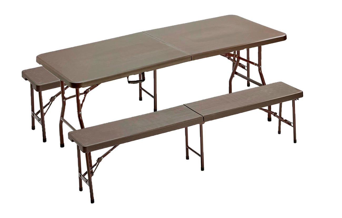 Set da pranzo struttura in metallo con tavolo e panche richiudibili