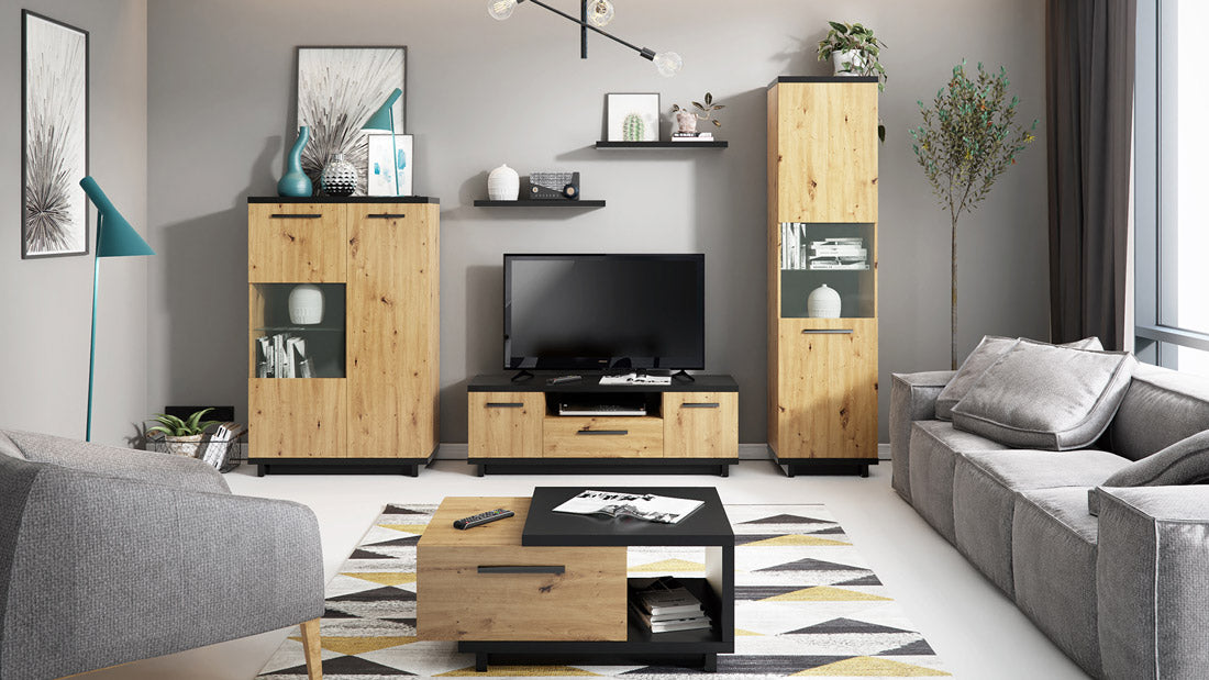 Alanya - Salotto completo mobili living con porta tv vetrine e mensole stile industrial - immagine 2