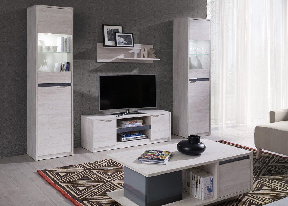 Lazar - Soggiorno a parete salotto completo con vetrine mobile tv e mensola in legno - vari colori