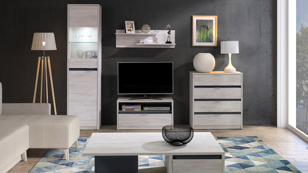 Makar - Salotto moderno soggiorno con vetrina cassettiera porta tv e mensola - vari colori - immagine 2