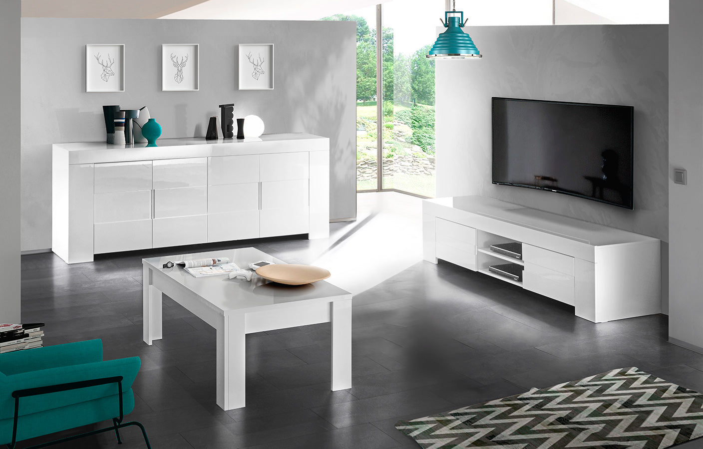 Monir - Mobile porta tv con ante e ripiani centrali bianco lucido cm 191x50x45h - immagine 2