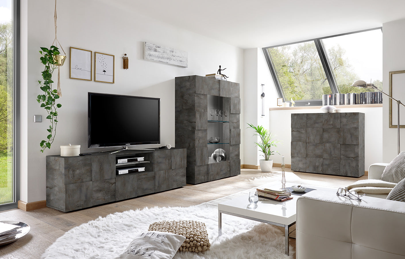 Exeter - Salotto completo design moderno con porta tv vetrina e credenza colore ossido