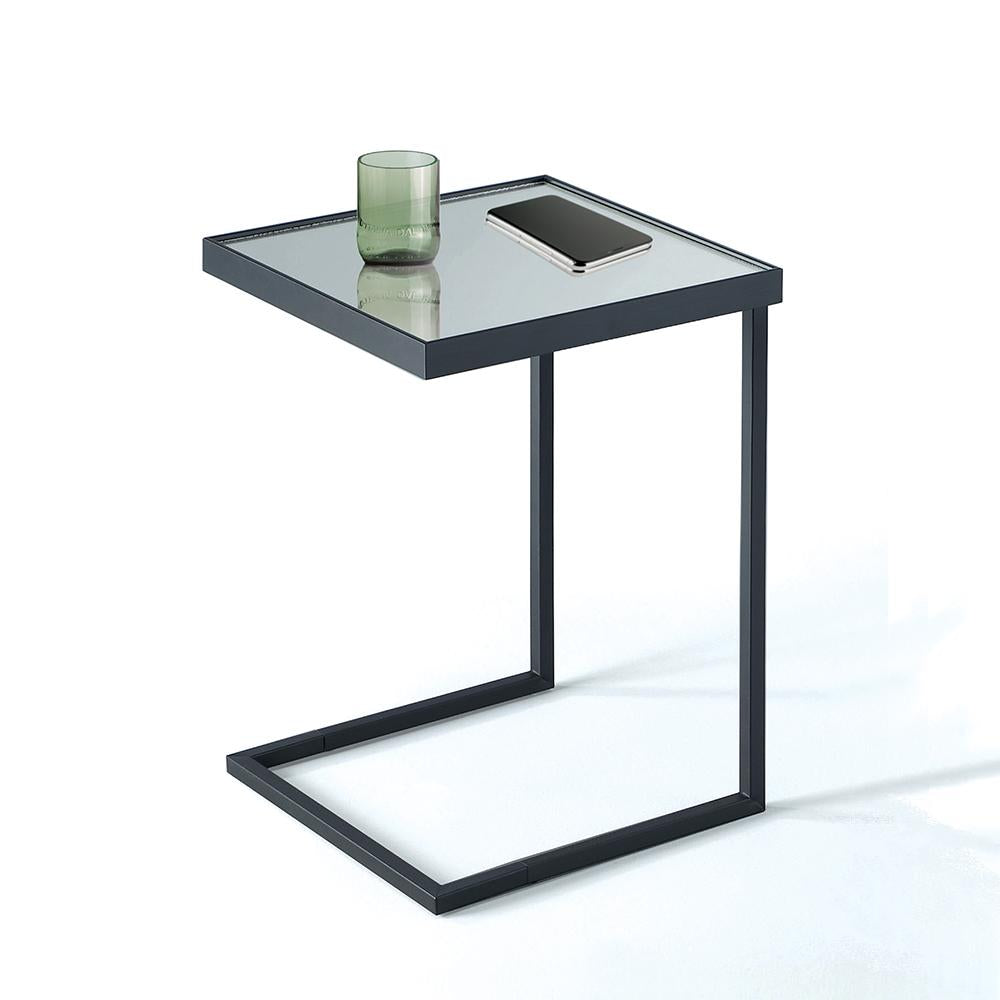 Tavolino basso moderno in acciaio piano in vetro a specchio con cornice in legno massello cm 39x39x56h - immagine 2