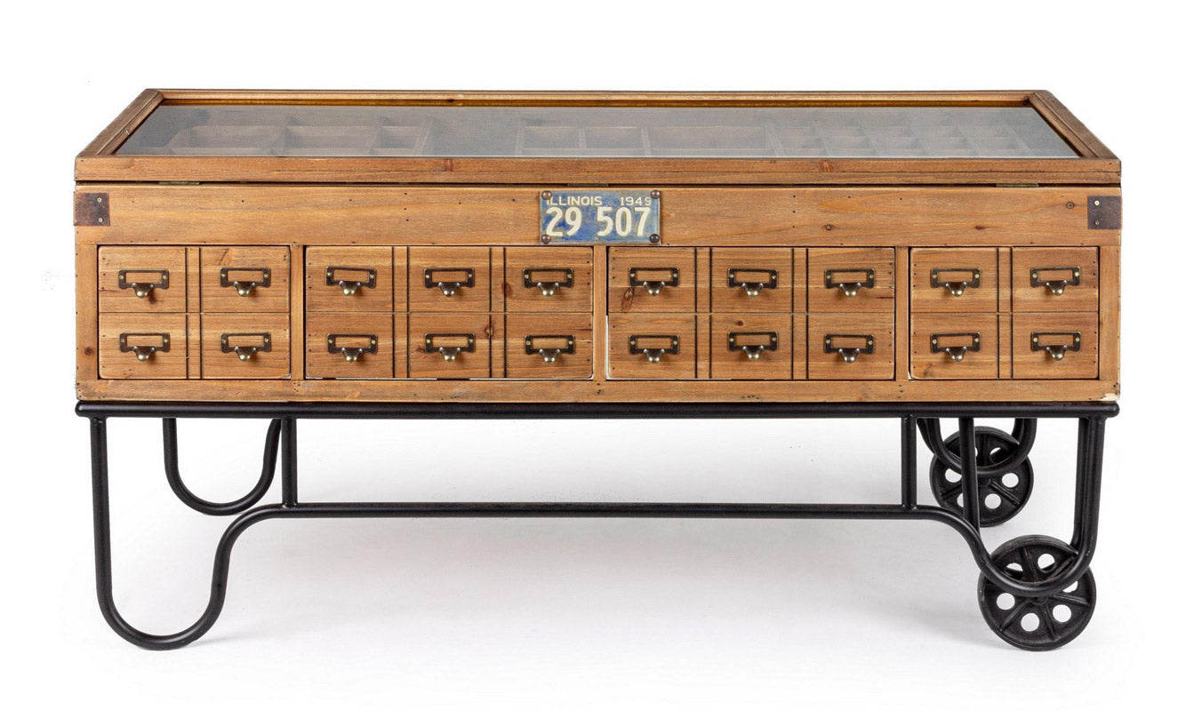 Tavolino espositore stile industriale in metallo e legno con cassetti e ruote cm 120x58x60h - immagine 2