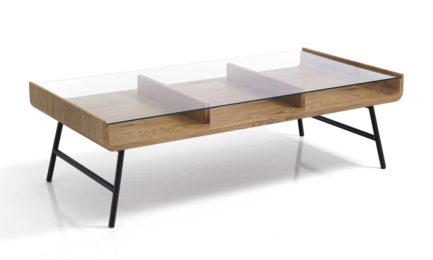 Tavolino basso portariviste con piano in legno e vetro gambe in metallo cm 120x60x35h