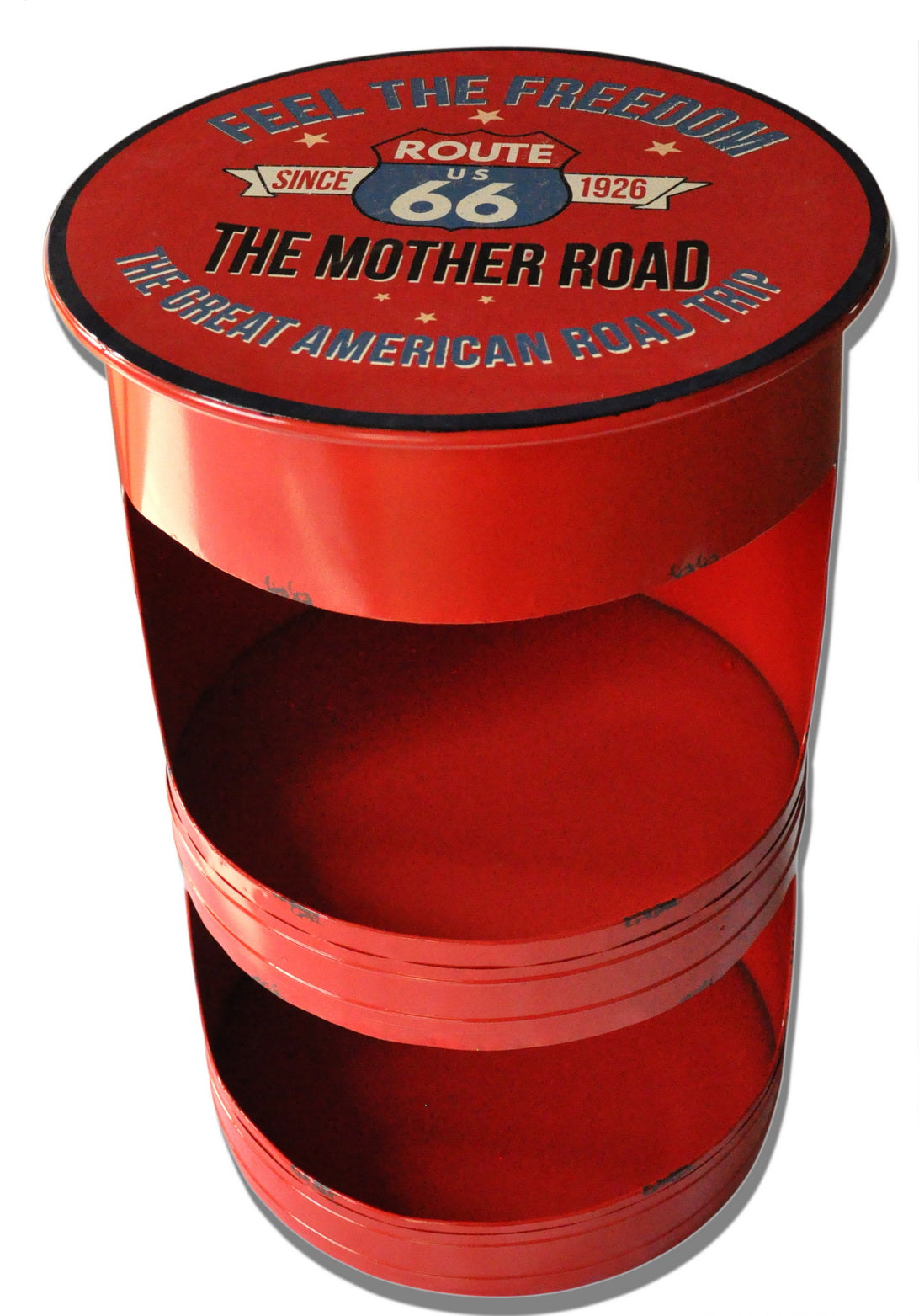 Tavolino bidone da bar tondo con ripiani in metallo colore rosso stile industriale cm 50x50x75h