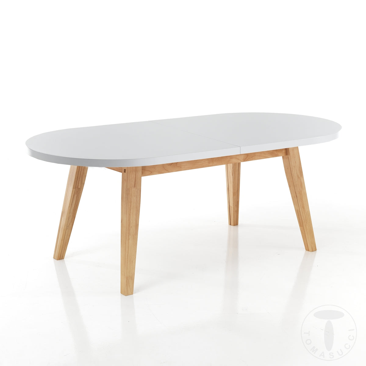 Tavolo allungabile gambe in legno massello rovere piano bianco ovale cm 180/300x90x78h