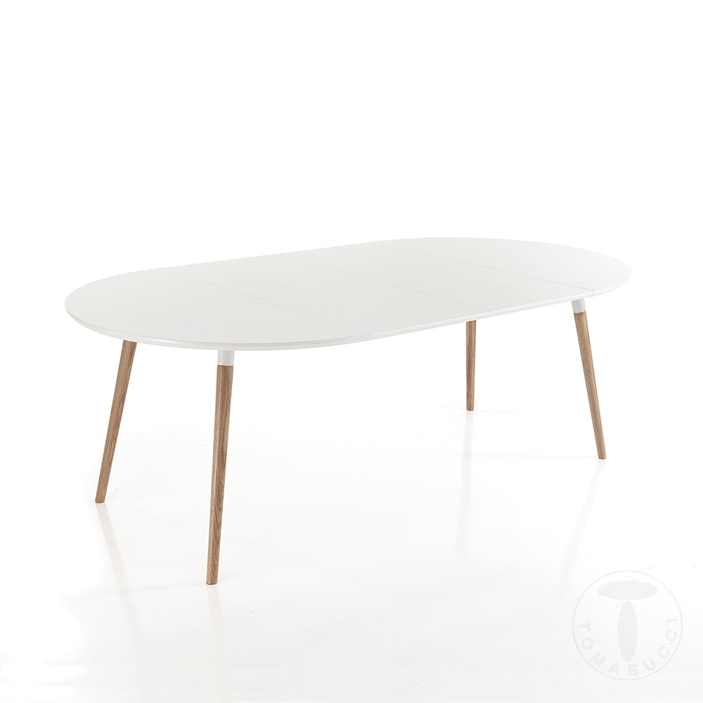 Tavolo tondo moderno in legno massello allungabile colore bianco opaco e rovere cm 120/220x120x75h - immagine 2